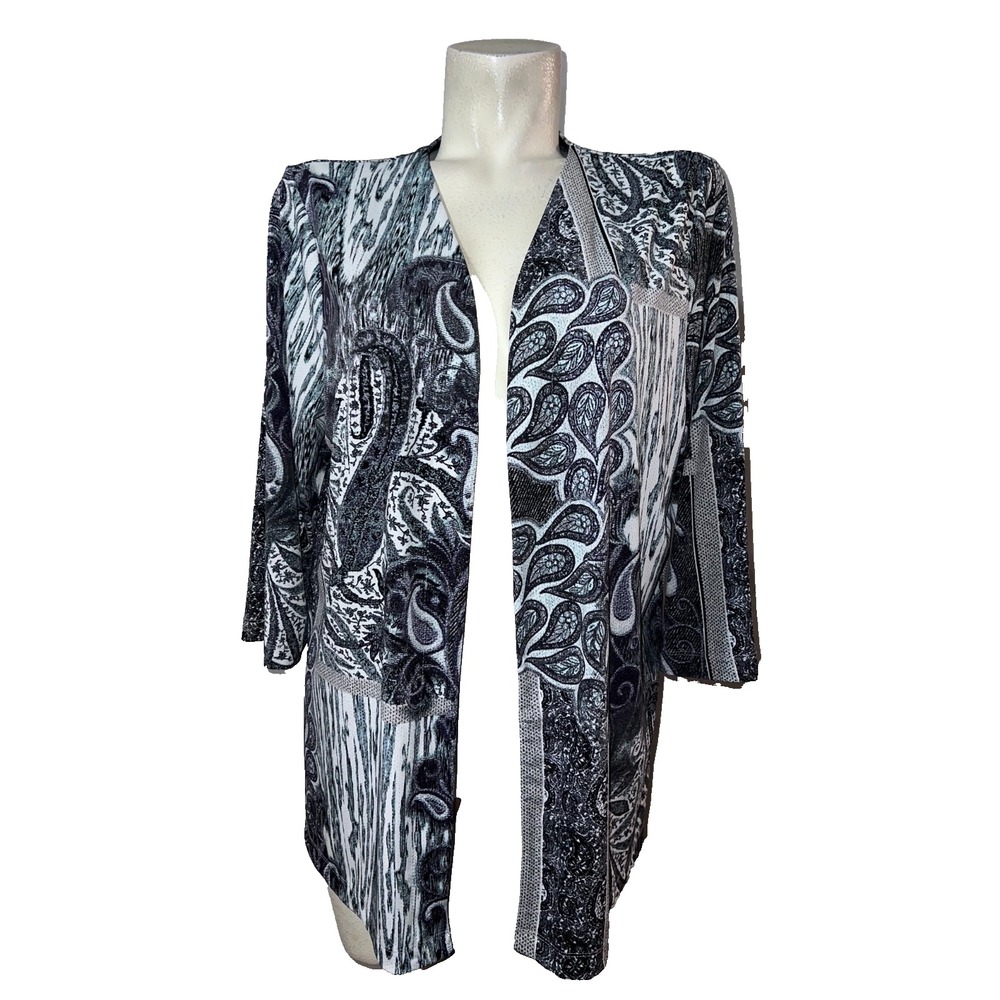 Easywear by Chicos Womens Size L (2) Black White Paisley Open Cardigan Jacket